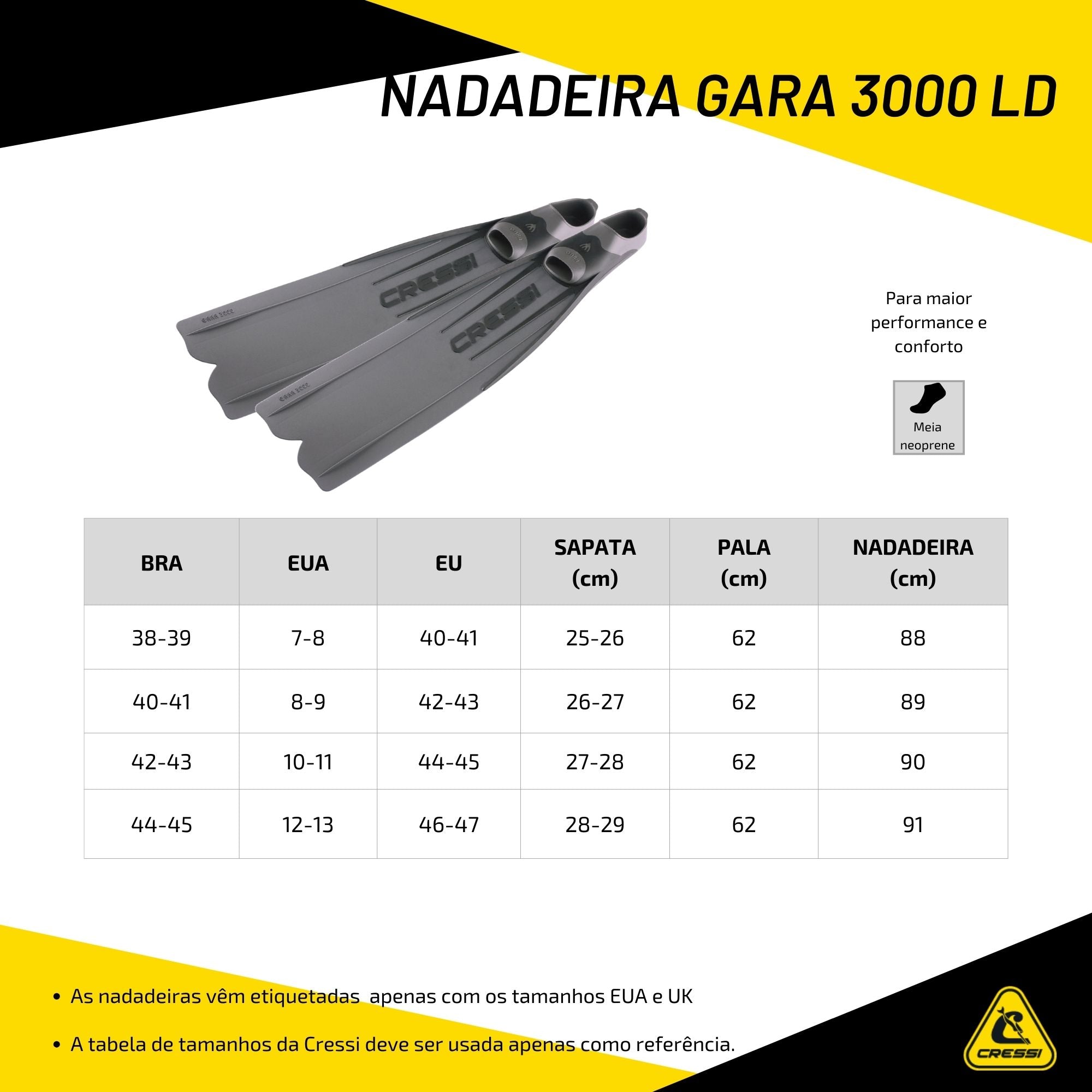 Cressi Gara 3000LD  ロングフィン 44-45 10-11 Nadadeira Cressi Gara 3000 LD: Conforto e Flexibilidade para